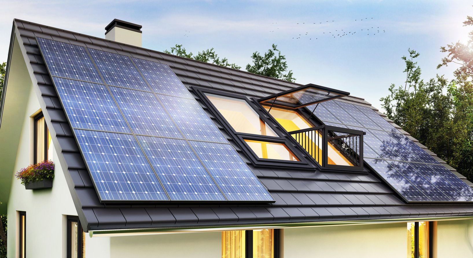 Solar panels on the roof of the modern house